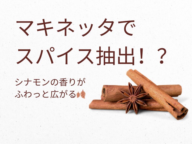 マキネッタでシナモンを使ったスパイス抽出を試す実験。シナモンスティックと八角が並んだ温かみのある構図。