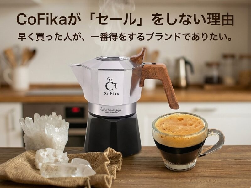 木製のテーブルに置かれたCoFika Crema Richマキネッタと、濃厚なクレマが浮かぶグラス入りコーヒー。背景は温かい雰囲気のキッチン。「CoFikaが『セール』をしない理由」「早く買った人が、一番得をするブランドでありたい。」というテキストが重なっているブログ記事のサムネイル画像。